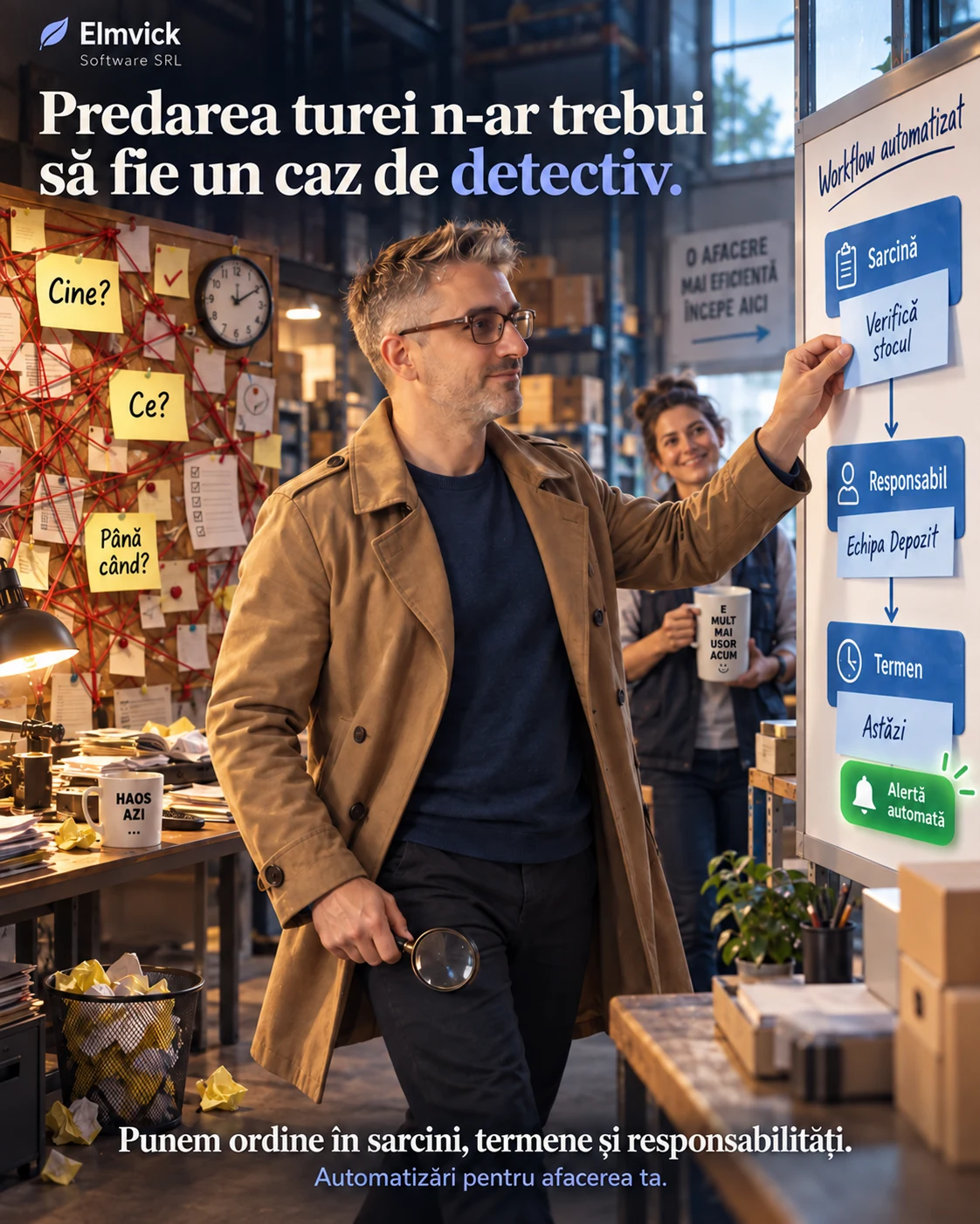 A man replaces a chaotic board of clues with a clear workflow of tasks, owners, deadlines, and alerts.