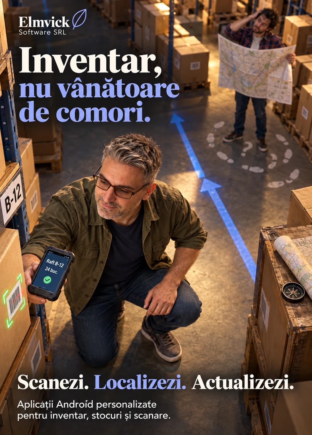 A man scans a product to find its shelf while a colleague searches among boxes with a map.