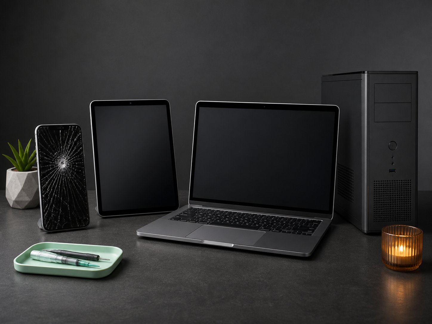 Telefon, tabletă, laptop și calculator desktop care pot fi reparate