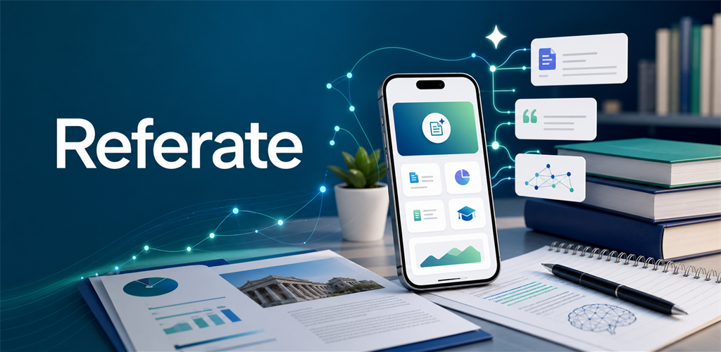 Illustration promotionnelle de Referate avec un téléphone, des documents et des livres ; ce n’est pas une capture de l’application.