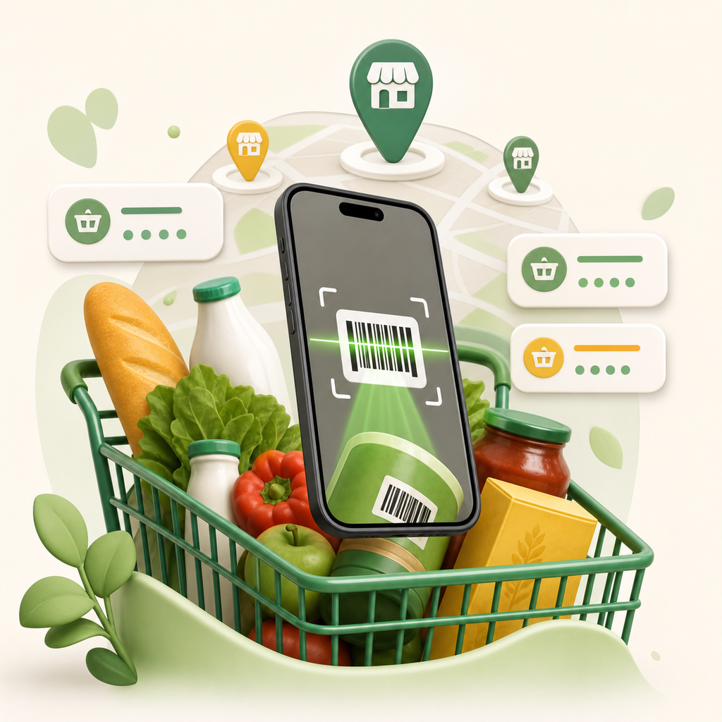 Illustrazione home di ScanCart con generi alimentari e scansione barcode