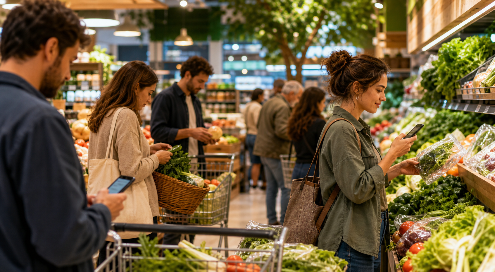 Clienti della community che usano telefoni in un negozio alimentare vivace