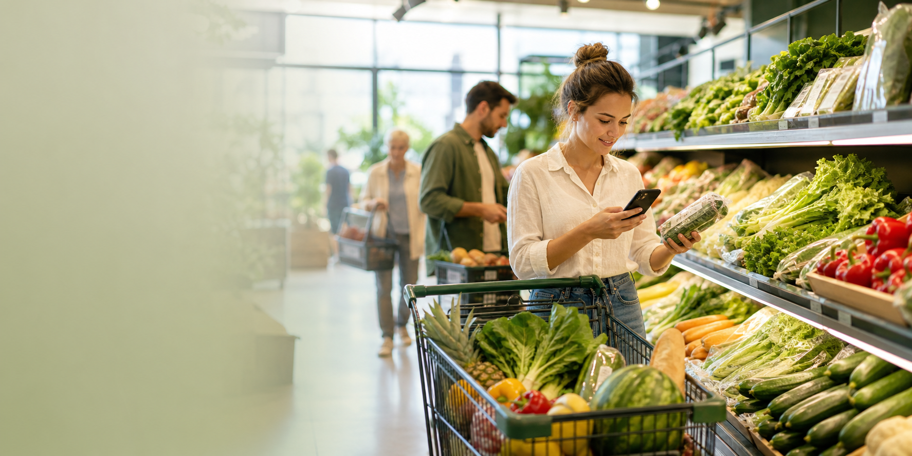 Persone che usano telefoni mentre scelgono prodotti in un supermercato luminoso