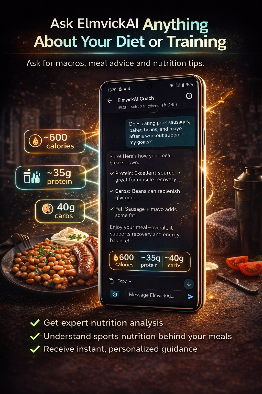 Training Logger ElmvickAI chat and nutrition guidance screen